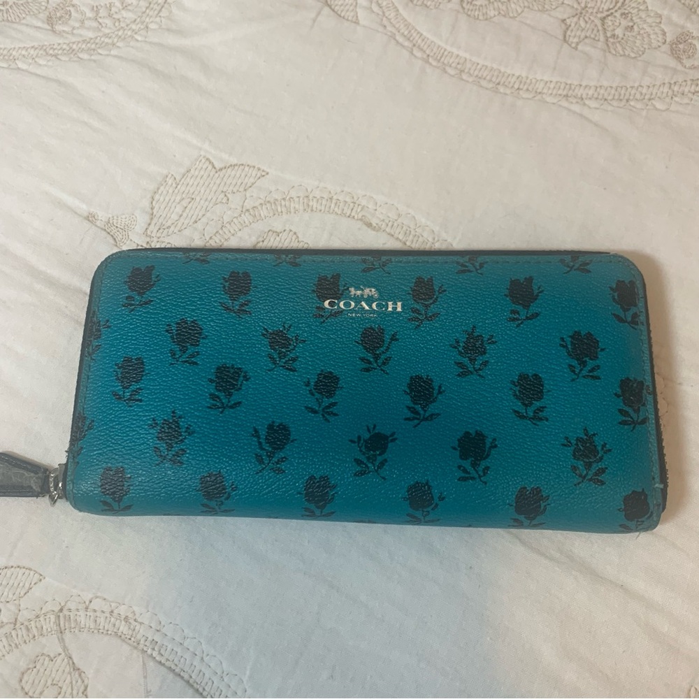 Coach Teal Floral Zip Around Wallet with Black Rose Print